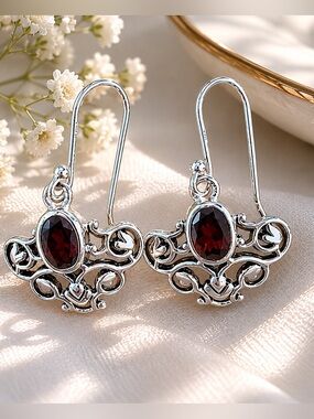 925 Sterling Silver Garnet Filigree Dangle Earrings Oval Red Gemstone